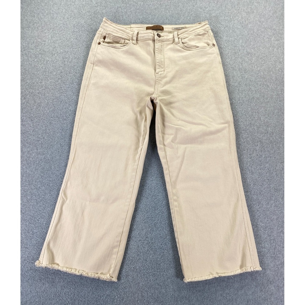Judy Blue Wide Leg Crop Jeans Womens 15/32 Bone Garment Dyed Trouser‎ Raw Hem
